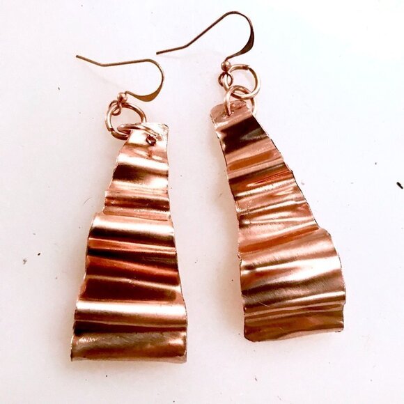 Solid Copper Crinkle Long Earrings Rustic Dangle Handmade Artisan Form Folded - Picture 5 of 8